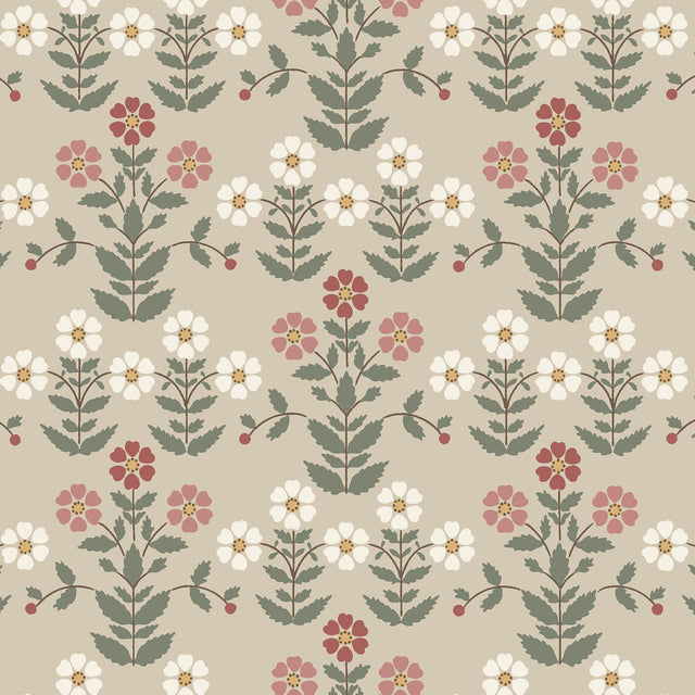 Sippor wallpaper by Boråstapeter for Schumacher, featuring a cheerful 1920s Scandinavian floral pattern in pinks and natural tones.