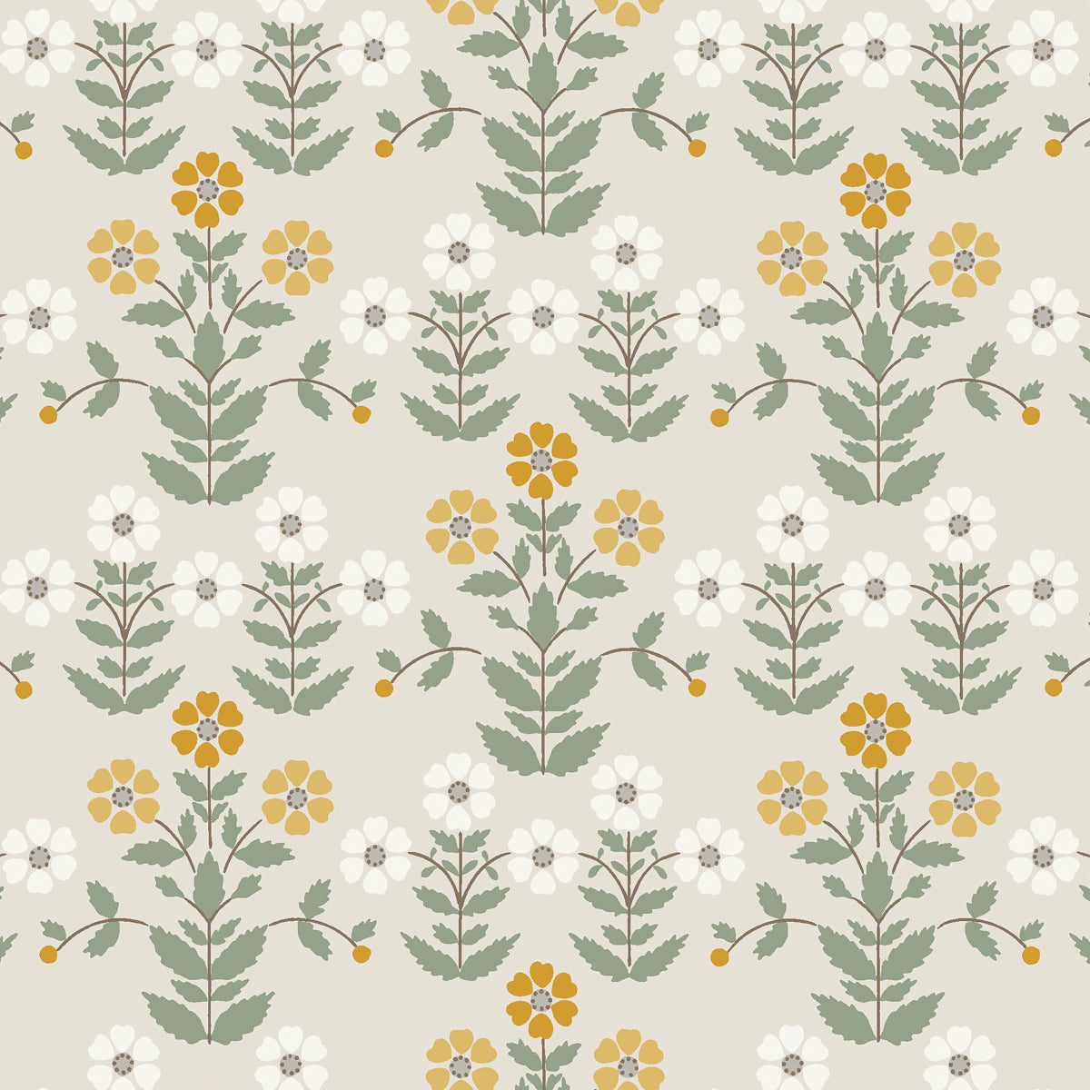 Sippor wallpaper in ochre and stone by Boråstapeter for Schumacher, featuring a cheerful 1920s Scandinavian floral pattern.