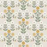 Sippor wallpaper in ochre and stone by Boråstapeter for Schumacher, featuring a cheerful 1920s Scandinavian floral pattern.