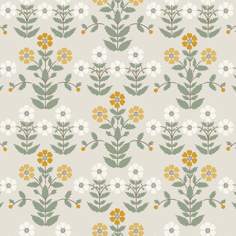 Sippor wallpaper in ochre and stone by Boråstapeter for Schumacher, featuring a cheerful 1920s Scandinavian floral pattern.