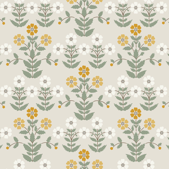 Sippor wallpaper in ochre and stone by Boråstapeter for Schumacher, featuring a cheerful 1920s Scandinavian floral pattern.