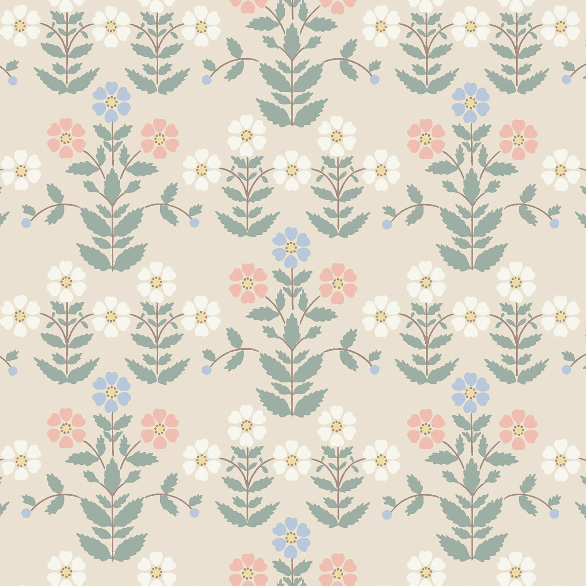 Sippor wallpaper by Boråstapeter for Schumacher, featuring a cheerful 1920s Scandinavian floral pattern in multi-color.