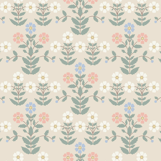 Sippor wallpaper by Boråstapeter for Schumacher, featuring a cheerful 1920s Scandinavian floral pattern in multi-color.