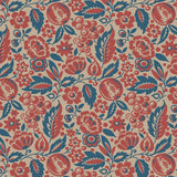 Elise wallpaper by Boråstapeter for Schumacher, featuring a dense allover pattern of red and blue flowers, foliage, and fruit in a Scandinavian folk art style.