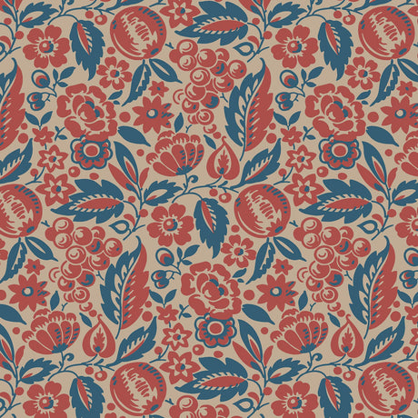 Elise wallpaper by Boråstapeter for Schumacher, featuring a dense allover pattern of red and blue flowers, foliage, and fruit in a Scandinavian folk art style.