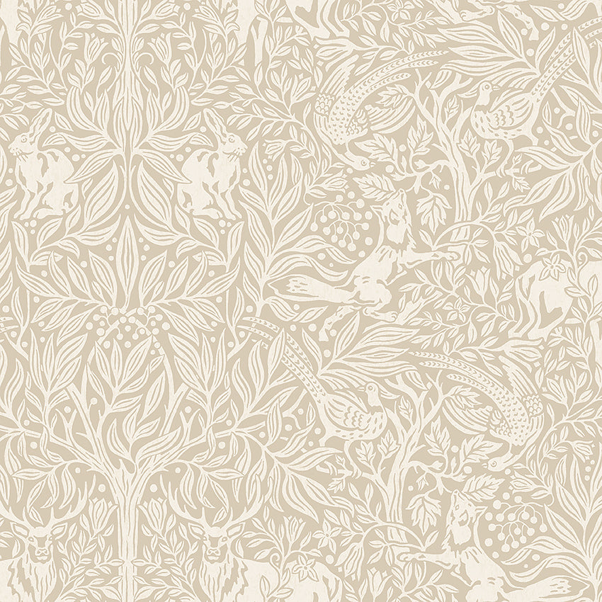 Under the Elder Tree wallpaper in Stone by Boråstapeter for Schumacher, featuring whimsical forest animals and foliage in a neutral colorway.