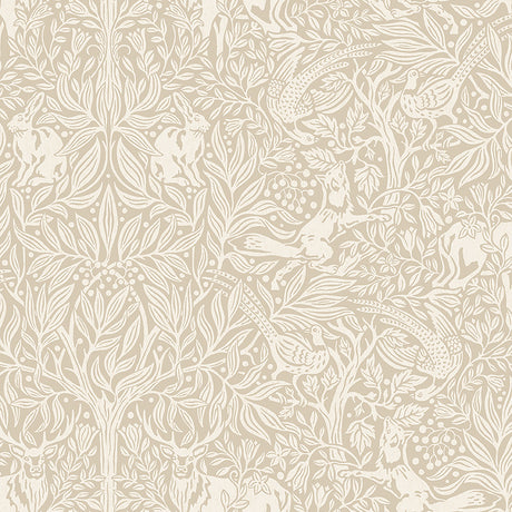 Under the Elder Tree wallpaper in Stone by Boråstapeter for Schumacher, featuring whimsical forest animals and foliage in a neutral colorway.