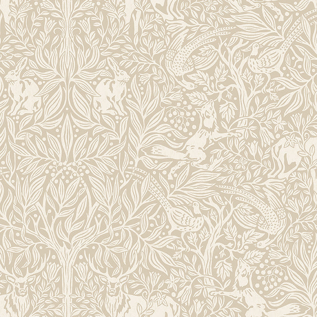 Under the Elder Tree wallpaper in Stone by Boråstapeter for Schumacher, featuring whimsical forest animals and foliage in a neutral colorway.