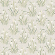 Boråstapeter Snödroppe Leaf wallpaper with stylized botanical snowdrop flowers in green and white on a neutral background, shown in a styled interior and pattern close-up.
