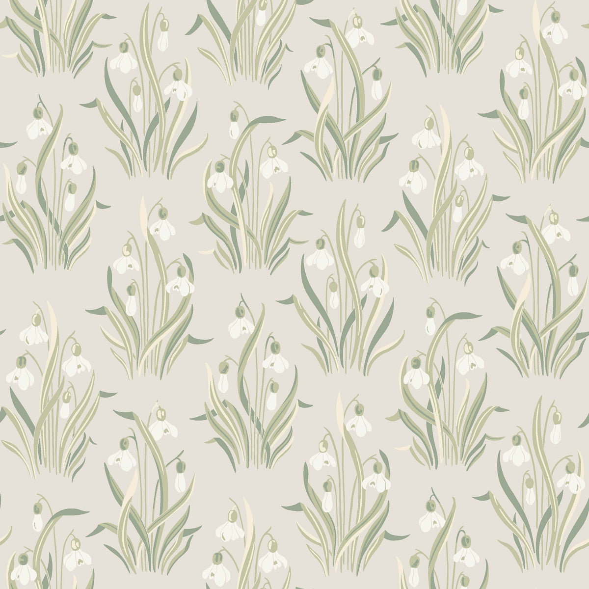 Boråstapeter Snödroppe Leaf wallpaper with stylized botanical snowdrop flowers in green and white on a neutral background, shown in a styled interior and pattern close-up.