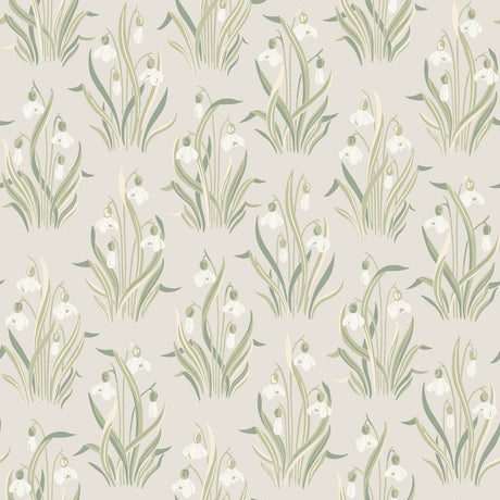 Boråstapeter Snödroppe Leaf wallpaper with stylized botanical snowdrop flowers in green and white on a neutral background, shown in a styled interior and pattern close-up.