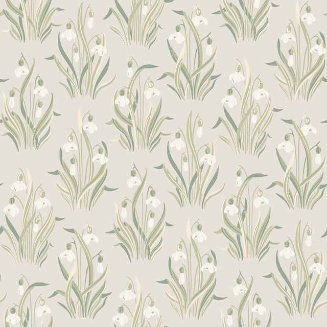 Boråstapeter Snödroppe Leaf wallpaper with stylized botanical snowdrop flowers in green and white on a neutral background, shown in a styled interior and pattern close-up.
