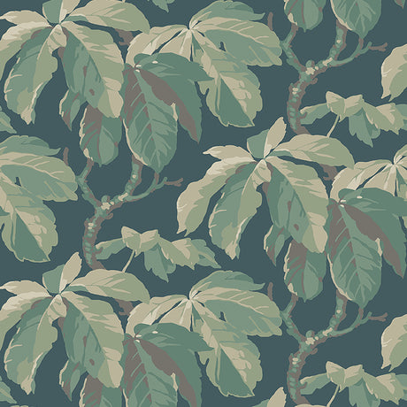 KASTANJ wallpaper in Spruce by Boråstapeter for Schumacher, featuring large-scale stylized chestnut branches in green on a deep background.