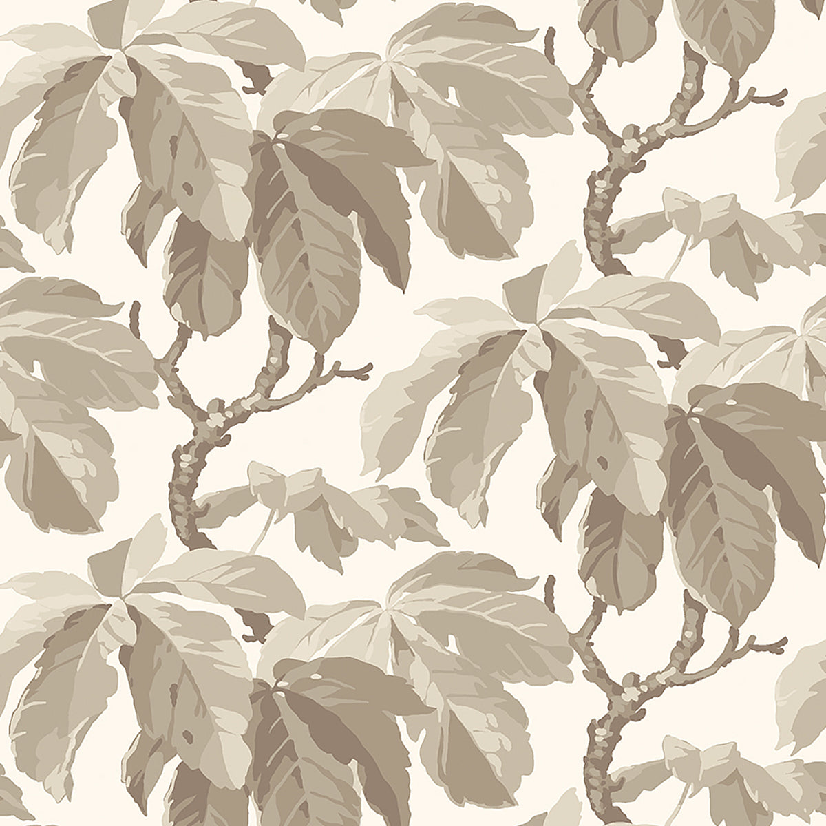 KASTANJ wallpaper in Stone by Boråstapeter for Schumacher, featuring large-scale stylized chestnut branches in neutral tones.