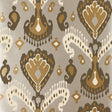 Tashkent Ikat Silver wallpaper with an ikat-inspired pattern in taupe, gold, and cream on a silver background.