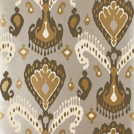 Tashkent Ikat Silver wallpaper with an ikat-inspired pattern in taupe, gold, and cream on a silver background.