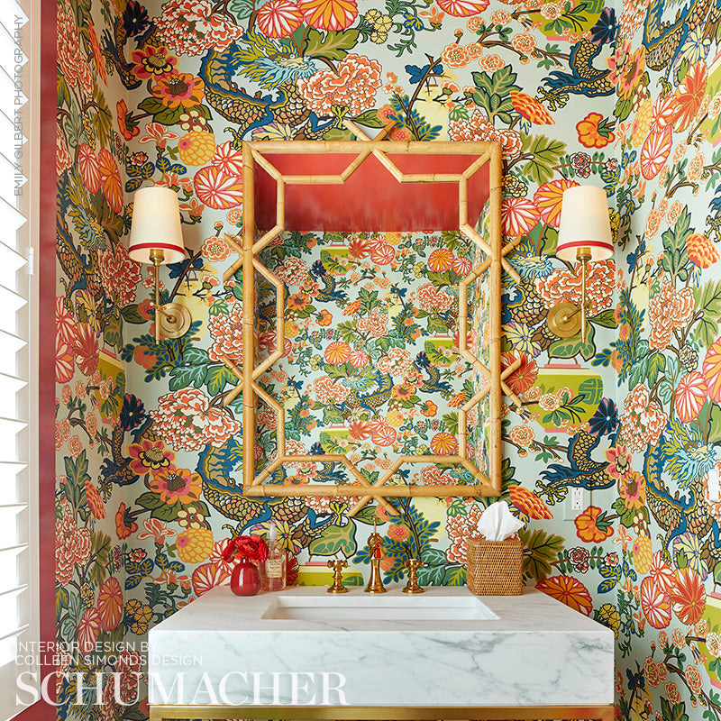 CHIANG MAI DRAGON Aquamarine by Schumacher Art Deco Chinoiserie Wallpaper – Schumacher 5001060