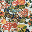 CHIANG MAI DRAGON Aquamarine wallpaper by Schumacher featuring a vibrant chinoiserie dragon and floral motif in a colorful Art Deco-inspired design.