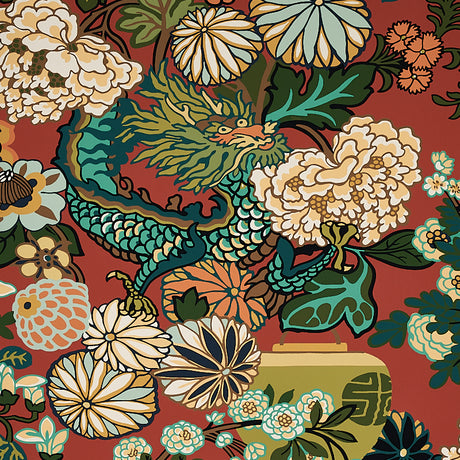CHIANG MAI DRAGON wallpaper in Lacquer by Schumacher features a vibrant chinoiserie dragon and floral motif on a red background.