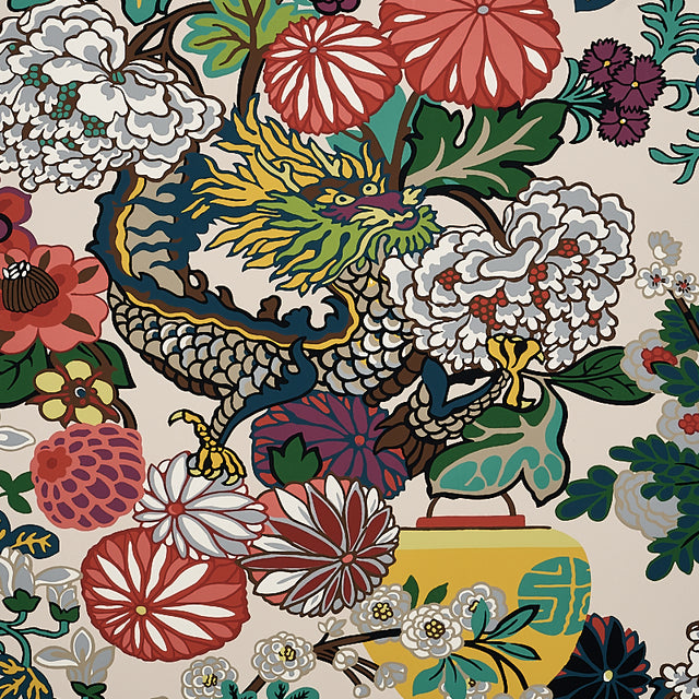 CHIANG MAI DRAGON wallpaper in Alabaster features a vibrant chinoiserie dragon and floral motif on a light background.