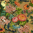 Chiang Mai Dragon Mocha wallpaper by Schumacher featuring a vibrant chinoiserie dragon and floral motif on a mocha background.