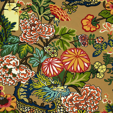 Chiang Mai Dragon Mocha wallpaper by Schumacher featuring a vibrant chinoiserie dragon and floral motif on a mocha background.