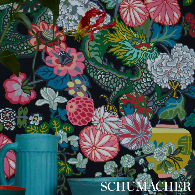 CHIANG MAI DRAGON Ebony by Schumacher Chinoiserie Dragon Floral Wallpaper – Schumacher 5001065