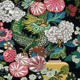 CHIANG MAI DRAGON Ebony wallpaper by Schumacher featuring a vibrant chinoiserie dragon and floral motif on a black background.