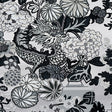 Chiang Mai Dragon Smoke wallpaper by Schumacher featuring a bold chinoiserie dragon and floral motif in black, white, and grey tones.