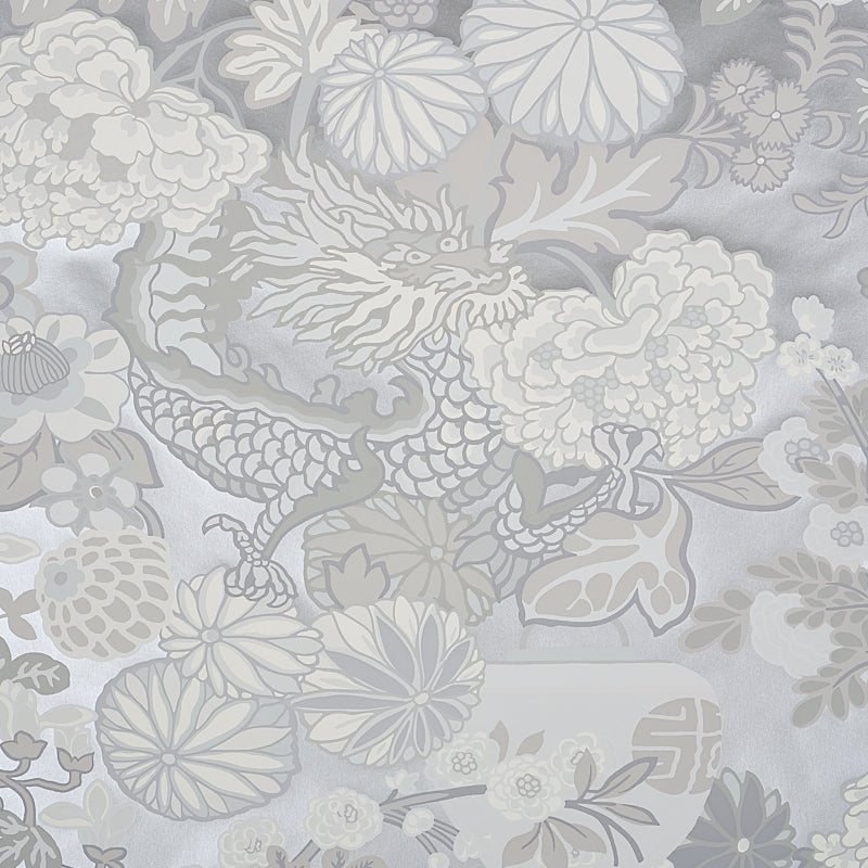 Chiang Mai Dragon Limestone wallpaper by Schumacher featuring a chinoiserie dragon and floral motif in neutral tones.