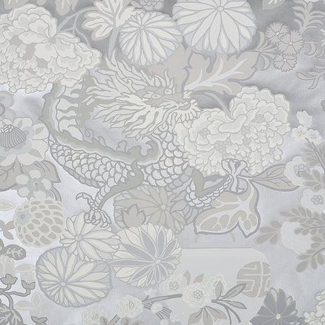 Chiang Mai Dragon Limestone wallpaper by Schumacher featuring a chinoiserie dragon and floral motif in neutral tones.