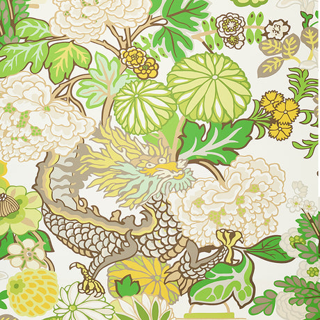 Chiang Mai Dragon Leaf wallpaper by Schumacher featuring a vibrant chinoiserie dragon and floral motif in green, yellow, and cream tones.