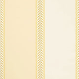 Valais Stripe wallpaper in soft yellow with alternating wide stripes and laurel leaf borders by Schumacher.