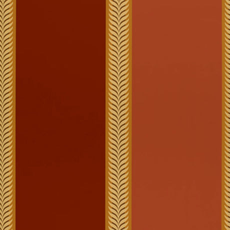 Valais Stripe lacquer wallpaper by Schumacher in rich red and gold vertical stripes with laurel leaf detailing.