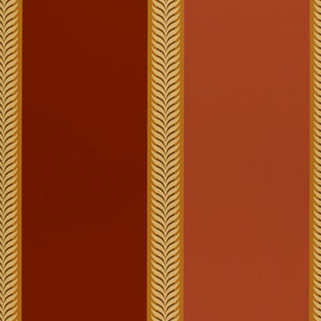 Valais Stripe lacquer wallpaper by Schumacher in rich red and gold vertical stripes with laurel leaf detailing.