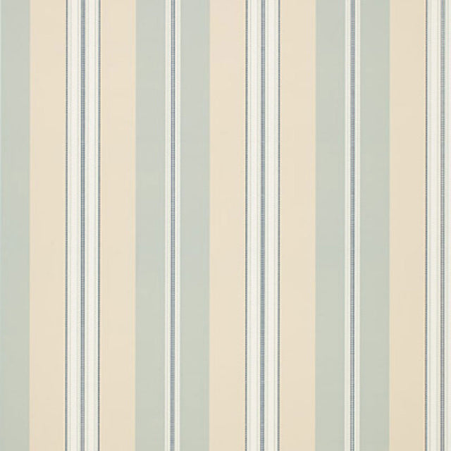 Chalon Stripe wallpaper in Sky by Schumacher featuring classic vertical stripes in soft blue and cream tones.