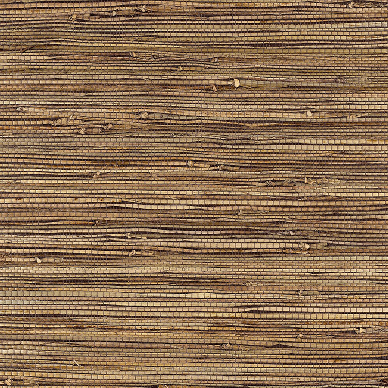 Bamba Rushcloth Ash by Schumacher - natural woven grasscloth wallpaper in neutral brown tones, close-up texture view