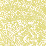 Spring paisley print wallpaper with intricate floral and paisley patterns in light green and white by Schumacher.