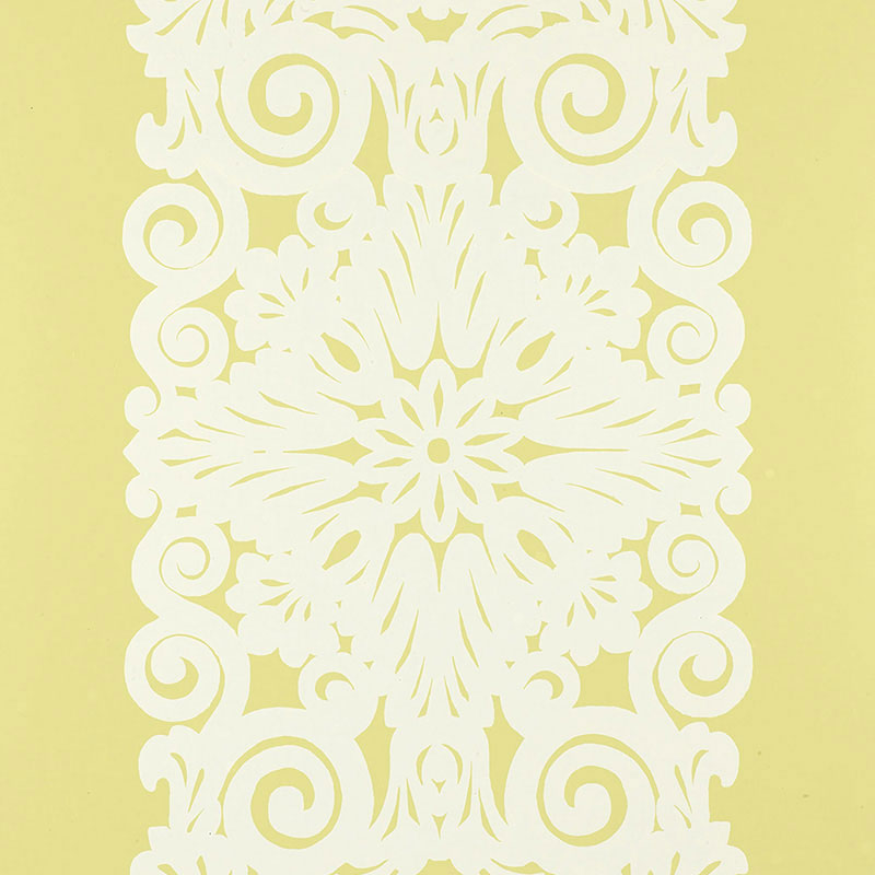 Graphic Panel Stripe wallpaper in Spring colorway, featuring an ornate damask stripe pattern on a yellow background.