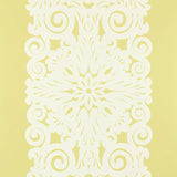Graphic Panel Stripe wallpaper in Spring colorway, featuring an ornate damask stripe pattern on a yellow background.
