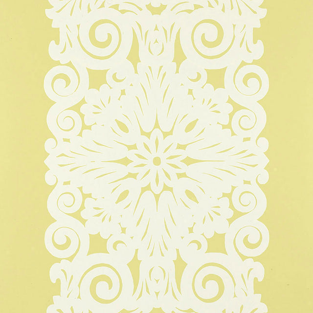 Graphic Panel Stripe wallpaper in Spring colorway, featuring an ornate damask stripe pattern on a yellow background.