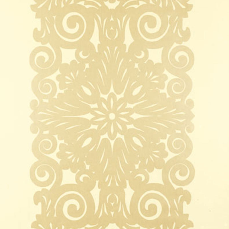 Champagne shimmer wallpaper with ornate graphic panel stripe pattern by Schumacher