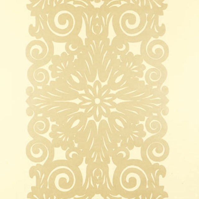 Champagne shimmer wallpaper with ornate graphic panel stripe pattern by Schumacher