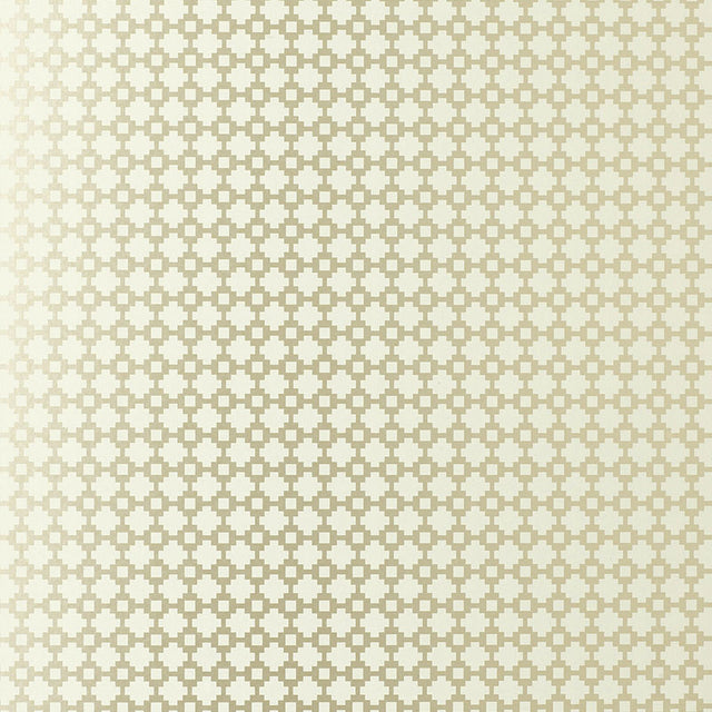 Shake It Up Frosted Metallic geometric wallpaper by Schumacher, featuring a metallic cross pattern on a light background.