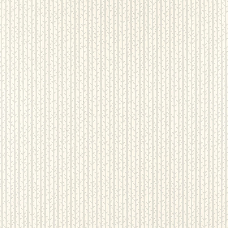 Twig Stripe Cirrus wallpaper by Schumacher, delicate vertical branch pattern in soft neutral tones, styled in a modern bedroom interior.