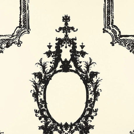 Baroque black and white ornate frame wallpaper pattern from Schumacher's Exuberant Prints collection, GO BAROQUE.