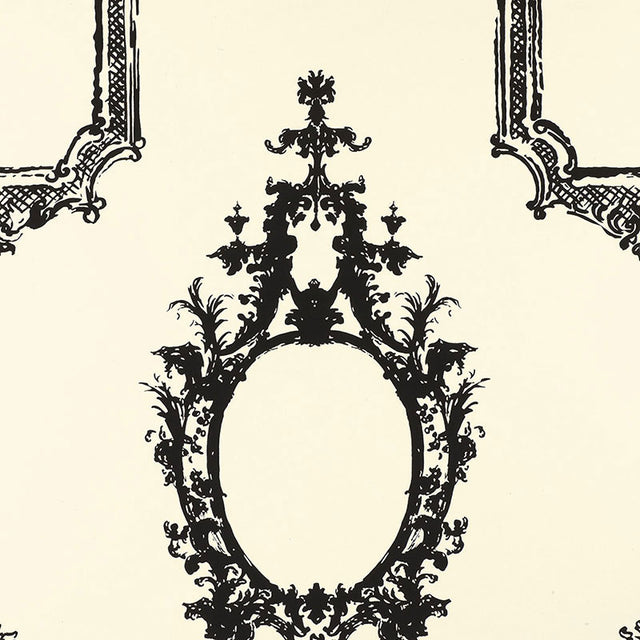 Baroque black and white ornate frame wallpaper pattern from Schumacher's Exuberant Prints collection, GO BAROQUE.