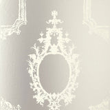 Go Baroque Mirror wallpaper with ornate baroque frame motifs in a reflective silver and white colorway by Schumacher.