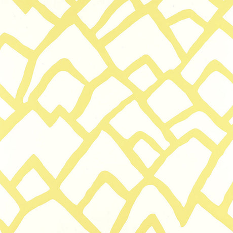 Zimba Soft Chartreuse wallpaper by Schumacher features a bold, graphic abstract pattern in yellow and white.