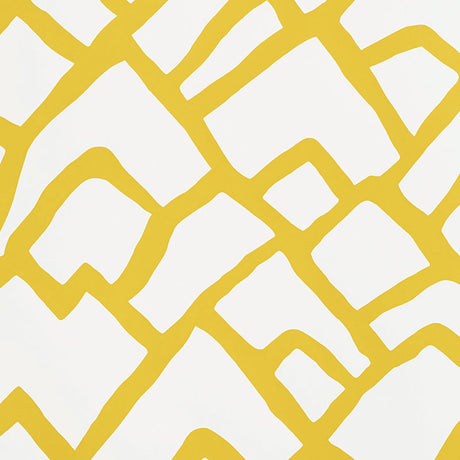 Zimba Citrine by Schumacher - Hand-printed geometric yellow and white wallpaper in a modern interior setting